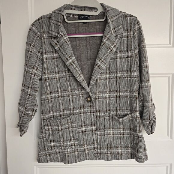Women's Originality Lightweight Gray & Brown Plaid Knit Blazer | Size Small - Picture 1 of 11